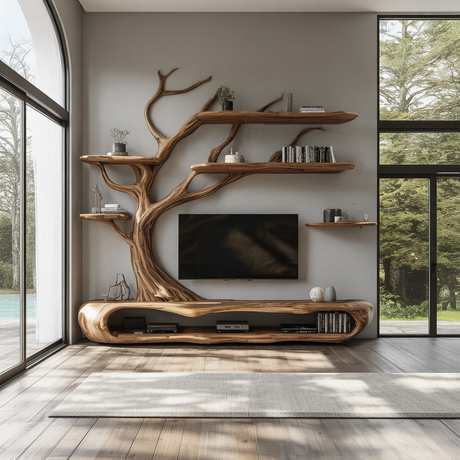 Sylvara Tree Branch Live Edge Solid Wood TV Console - Timberustic TV Console with Tree Shelf