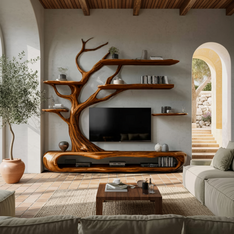 Sylvara Tree Branch Live Edge Solid Wood TV Console - Timberustic TV Console with Tree Shelf