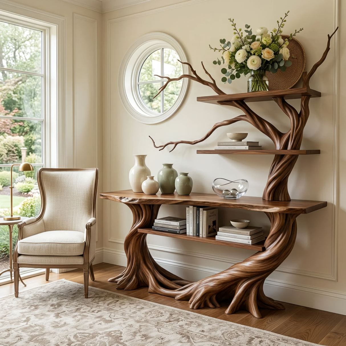 Sylvaren Sculpted Solid Wood Console Table with Shelves - Timberustic Console Table with Shelves