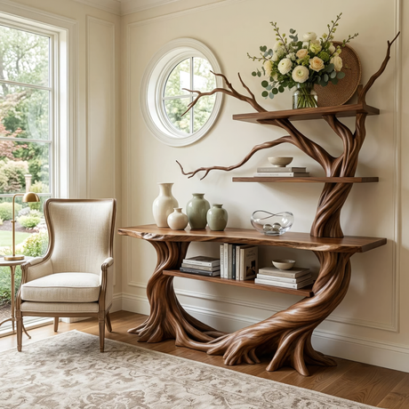 Sylvaren Sculpted Solid Wood Console Table with Shelves - Timberustic Console Table with Shelves