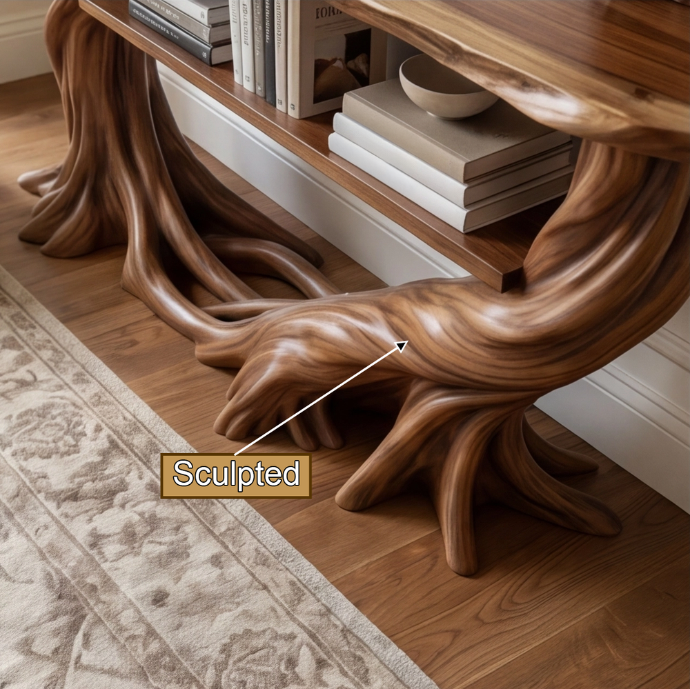 Sylvaren Sculpted Solid Wood Console Table with Shelves, Organic Modern ...