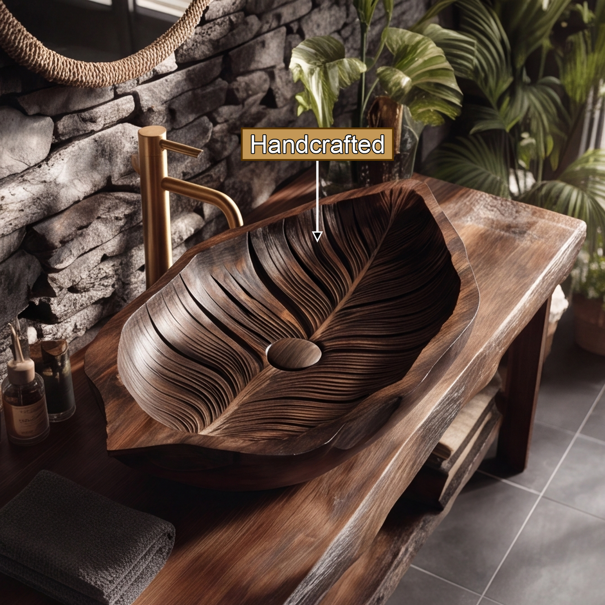 Sylvaria Handcrafted Solid Wood Leaf Vessel Sink