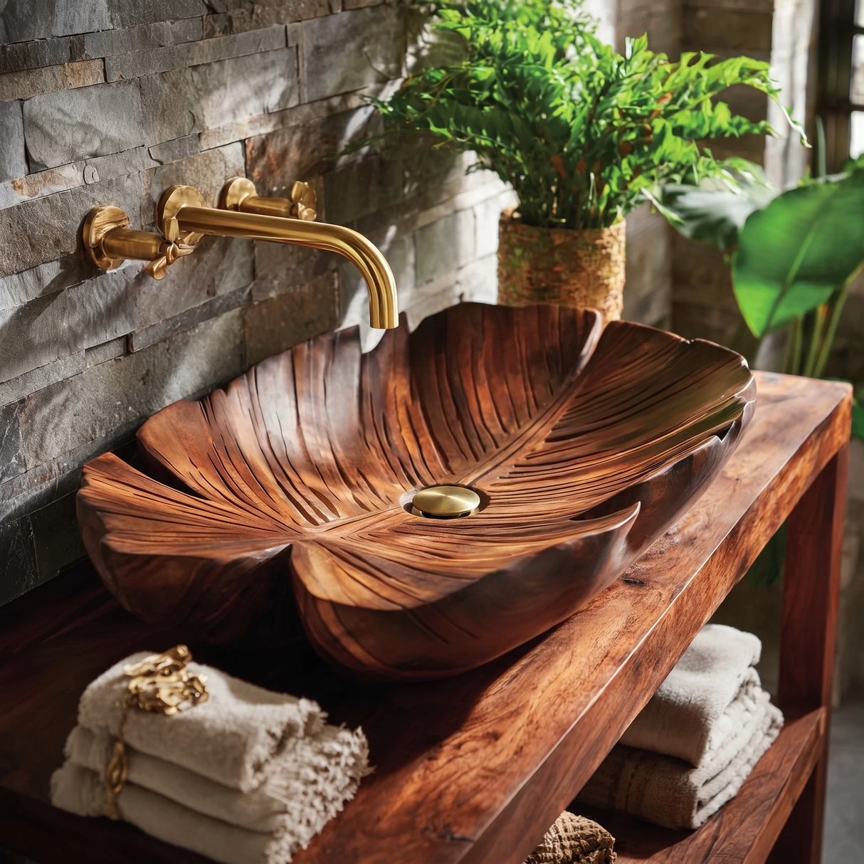 Sylvaris Handcrafted Solid Wood Leaf Vessel Sink