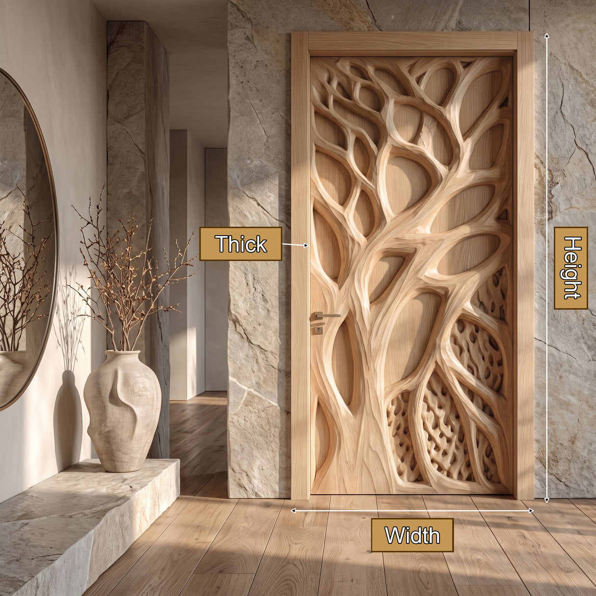 Sylvaris Handcrafted Solid Wood Tree Relief Single Door