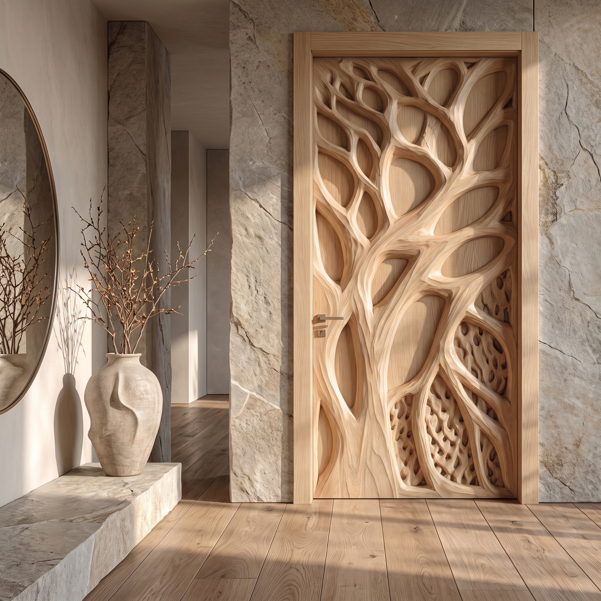 Sylvaris Handcrafted Solid Wood Tree Relief Single Door