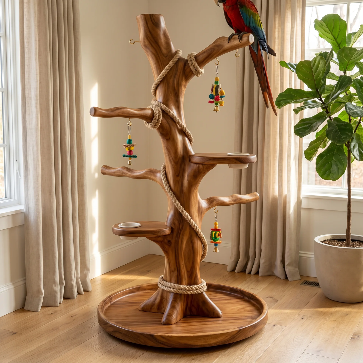 Sylvaro Handcrafted Solid Wood Tree Branch Parrot Stand SPA248142 - Timberustic Tree Branch Parrot Stand