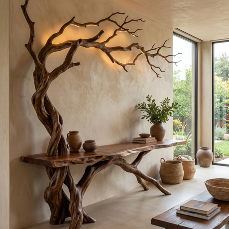 Sylvaroak Sculpted Solid Wood Console Table - Timberustic Console Table with Shelves