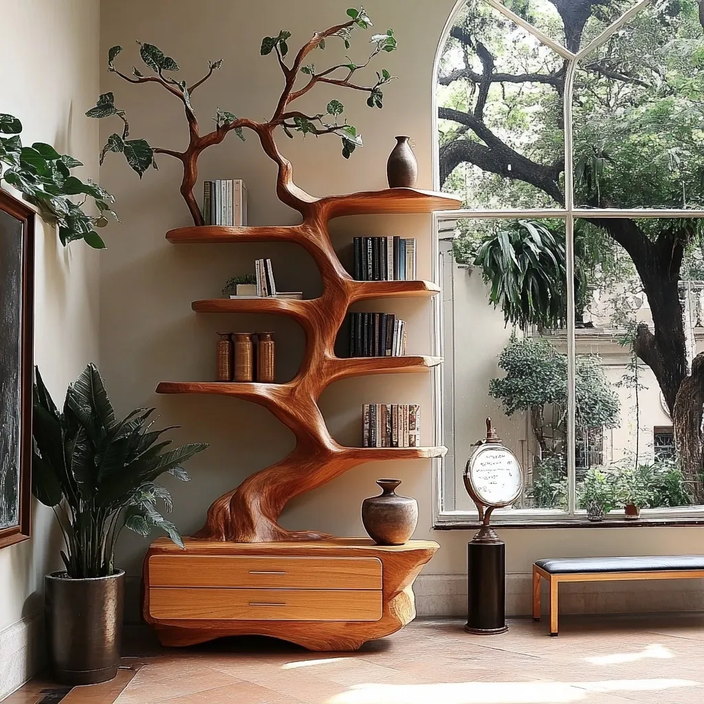 Sylvenoak Handcrafted Sculpted Solid Wood Tree Bookshelf with Drawers SPA023673