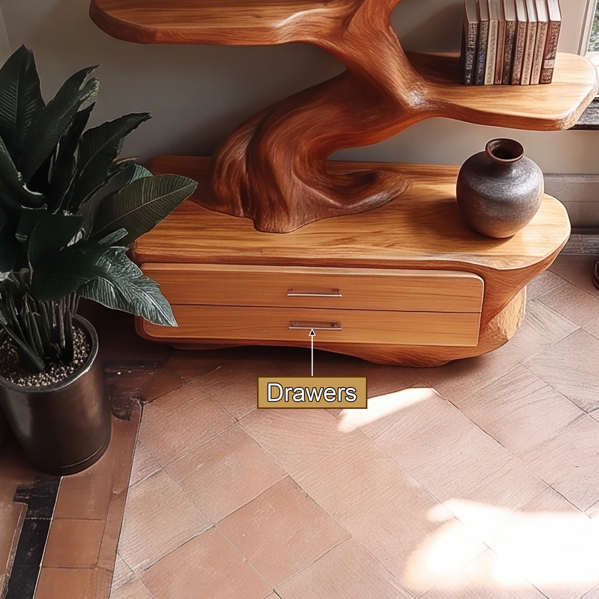 Sylvenoak Handcrafted Sculpted Solid Wood Tree Bookshelf with Drawers SPA023673