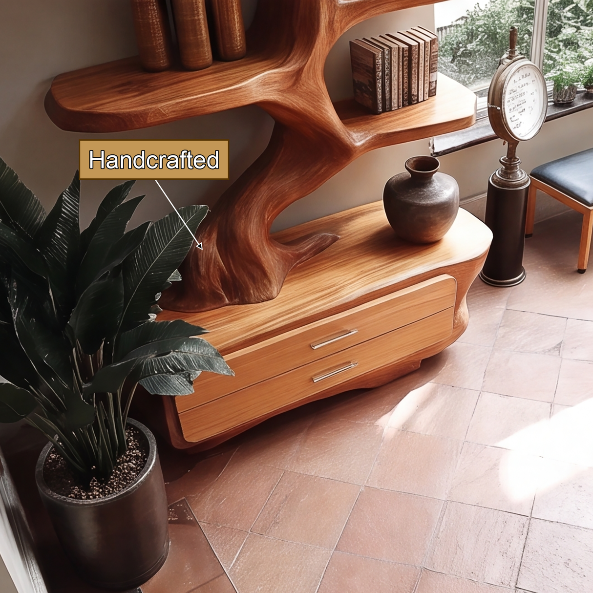 Sylvenoak Handcrafted Sculpted Solid Wood Tree Bookshelf with Drawers SPA023673