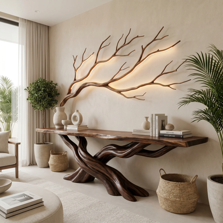 Sylveroak Sculpted Solid Wood Console Table - Timberustic Console Table with Shelves