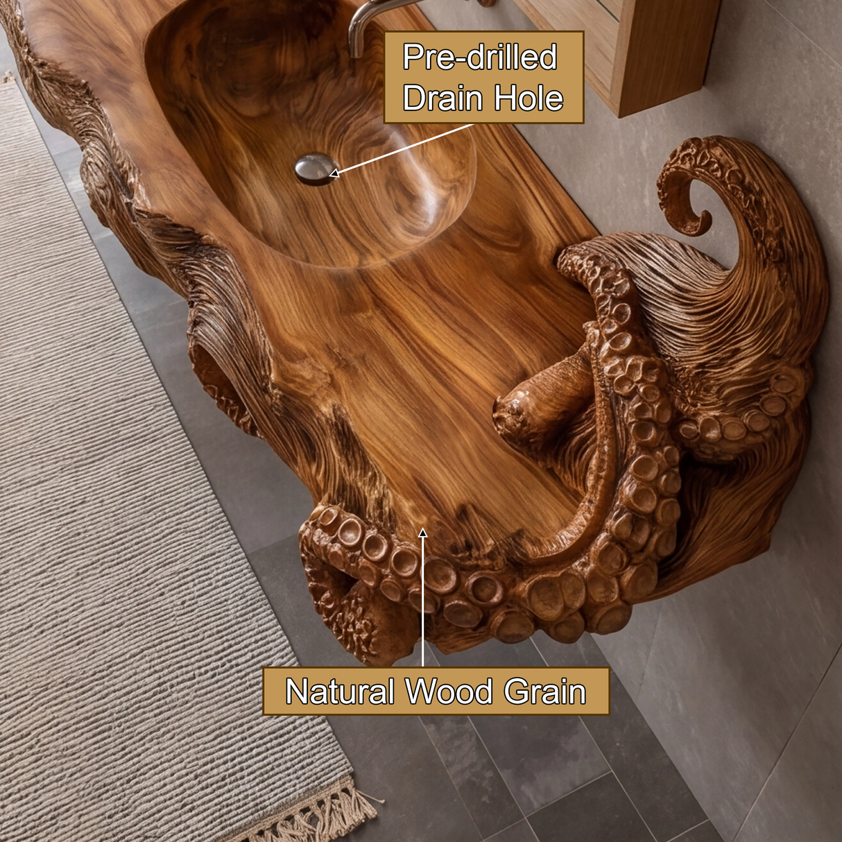 Thalorix Octopus Form Sculpted Solid Wood Floating Bathroom Vanity with Integrated Sink - Timberustic Floating Bathroom Vanity with Integrated Sink