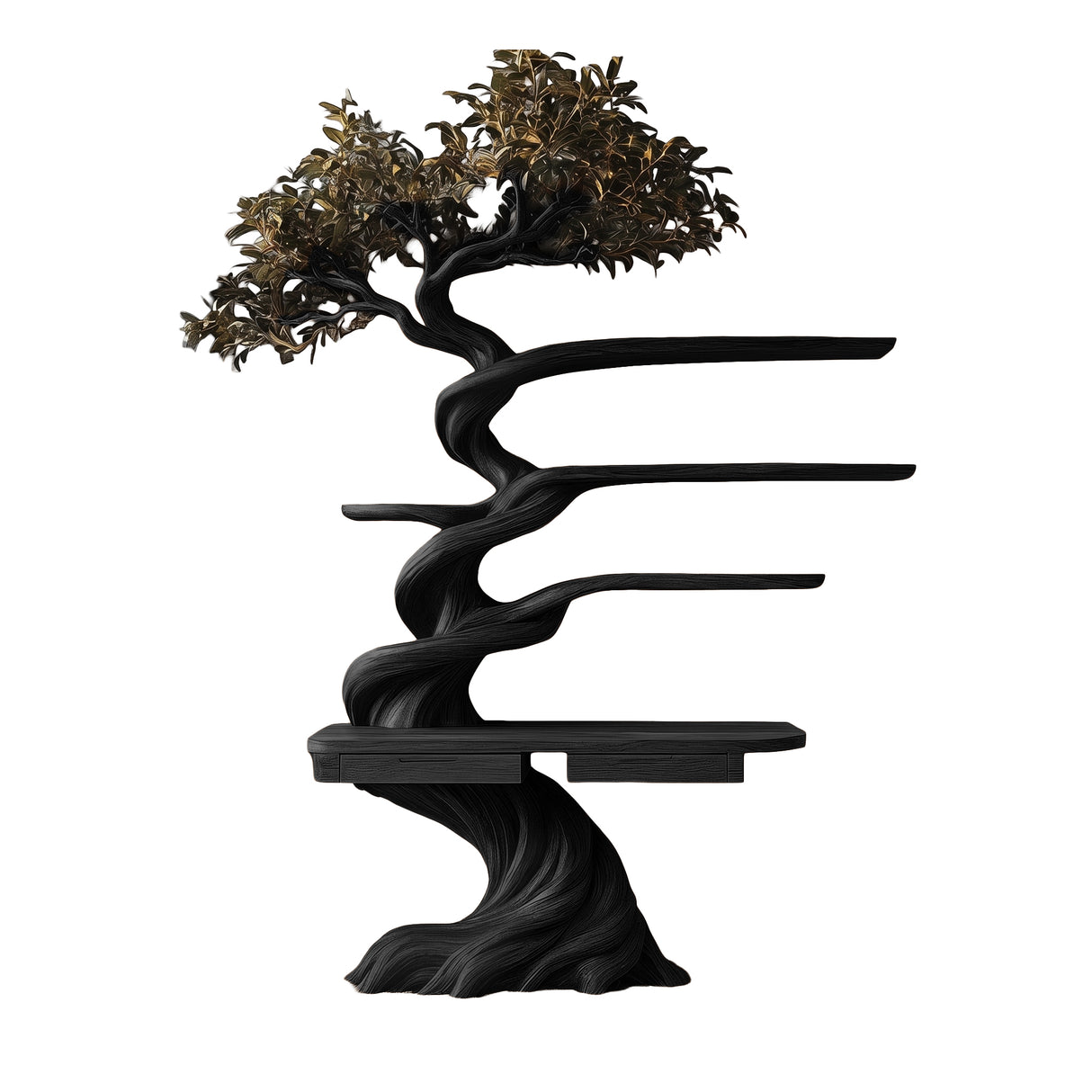 Thaloryn Sculpted Solid Wood Tree Bookshelf with Drawers Black - Timberustic Tree Bookshelf
