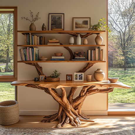 Tavren Sculpted Solid Wood Console Table with Shelves - Timberustic Console Table with Shelves