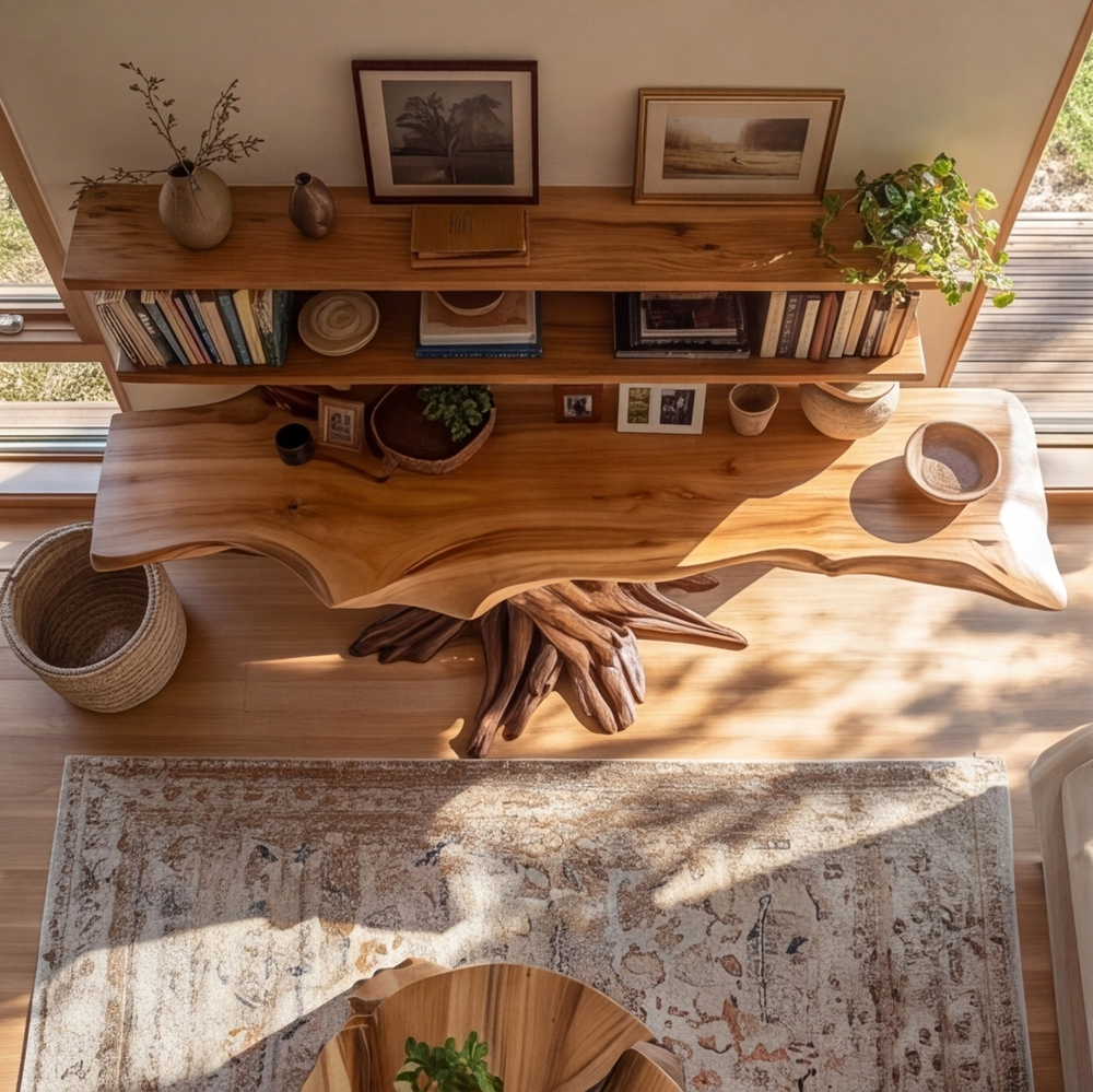 Tavren Sculpted Solid Wood Console Table with Shelves, Organic Modern ...