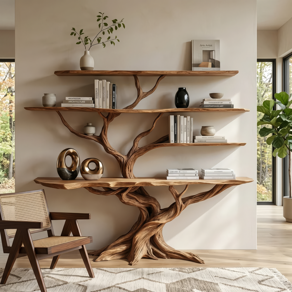 Thalnor Sculpted Solid Wood Console Table with Shelves, Organic Modern ...