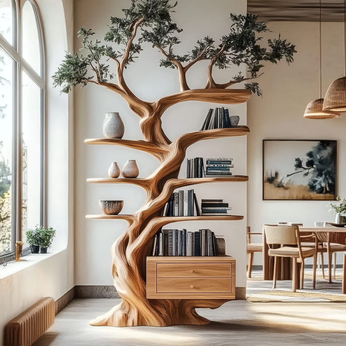 Thalorien Handcrafted Sculpted Solid Wood Tree Bookshelf with Drawers SPA039524