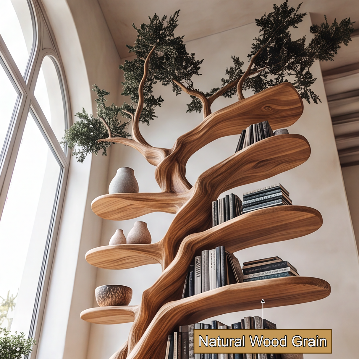 Thalorien Handcrafted Sculpted Solid Wood Tree Bookshelf with Drawers SPA039524