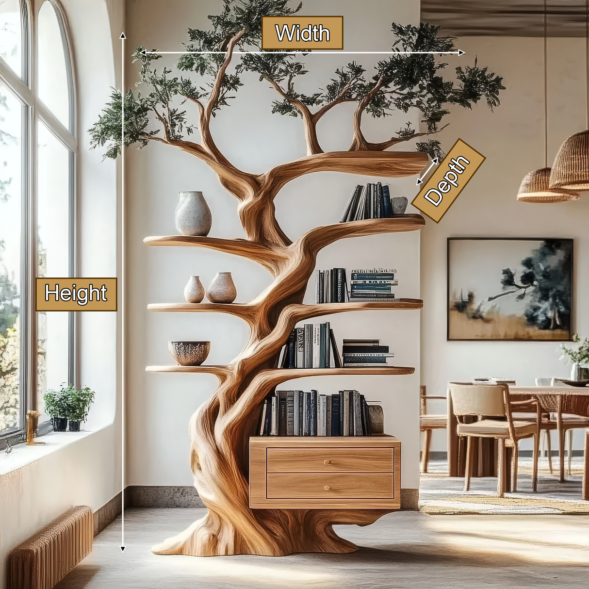 Thalorien Handcrafted Sculpted Solid Wood Tree Bookshelf with Drawers SPA039524