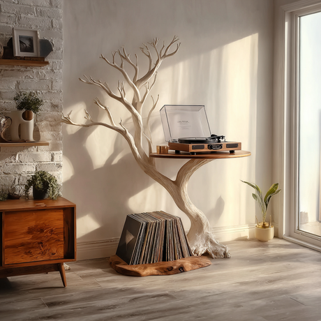 Thalorien Handcrafted Solid Wood Tree Record Player Stand SPA924575 - Timberustic Record Player Stand With Storage