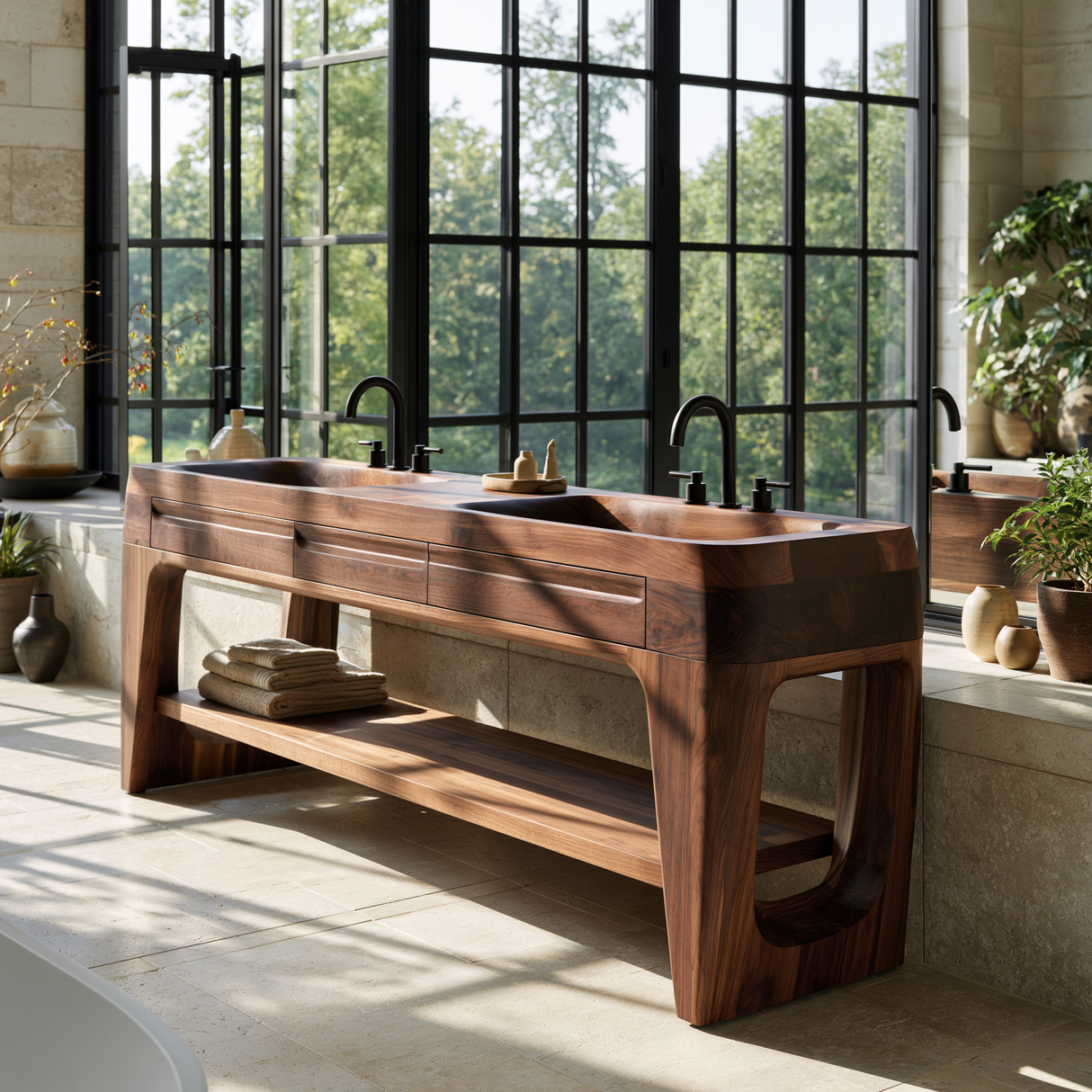 Thalorin Handcrafted Solid Wood Freestanding Bathroom Vanity with Integrated Sinks and Drawers