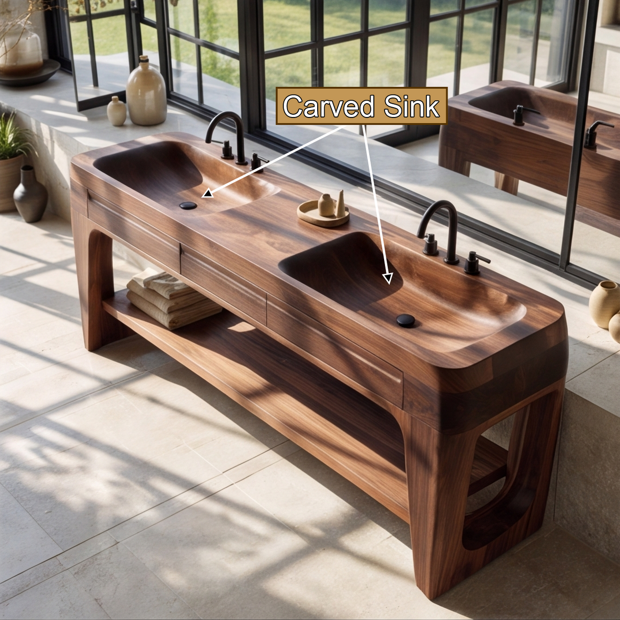 Thalorin Handcrafted Solid Wood Freestanding Bathroom Vanity with Integrated Sinks and Drawers