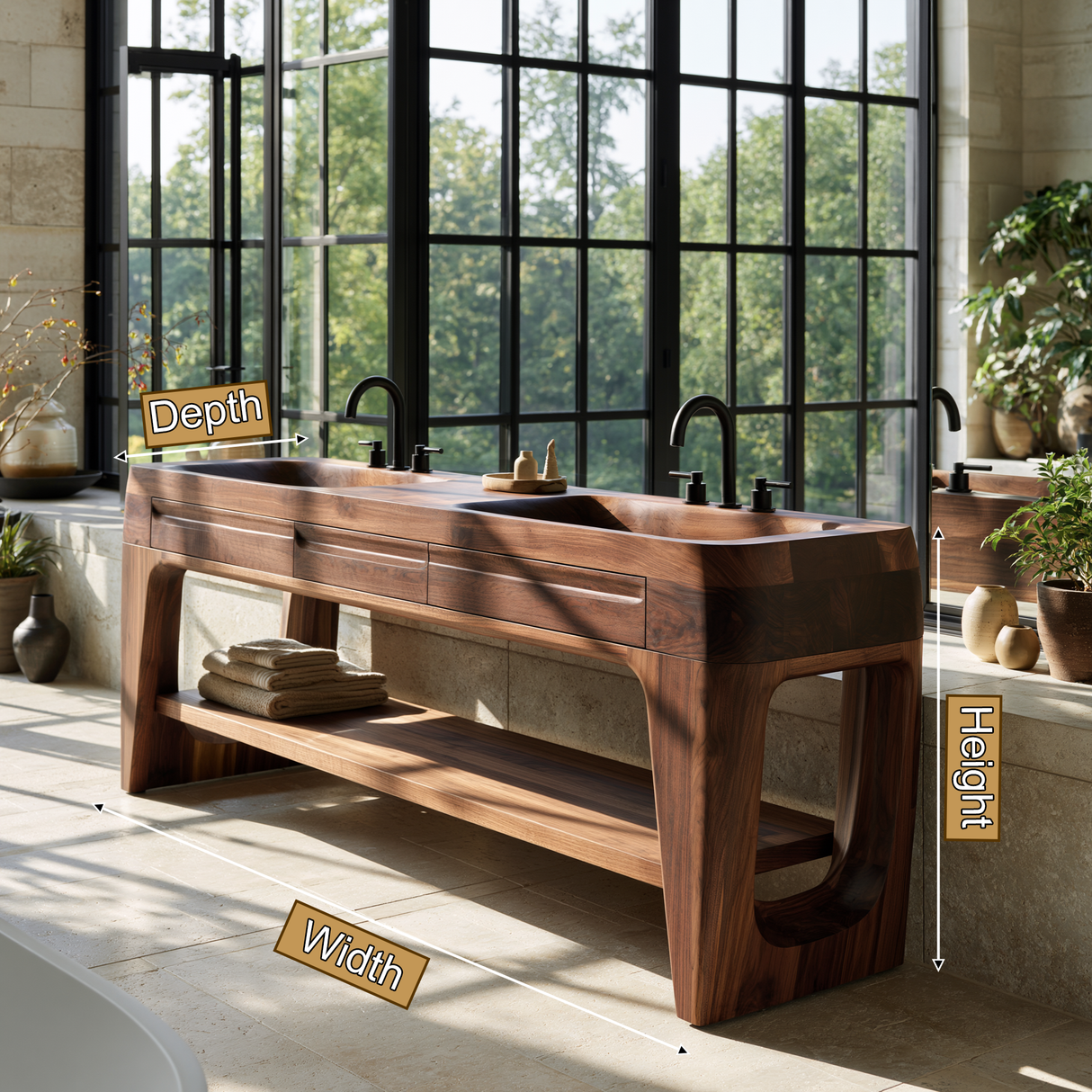 Thalorin Handcrafted Solid Wood Freestanding Bathroom Vanity with Integrated Sinks and Drawers