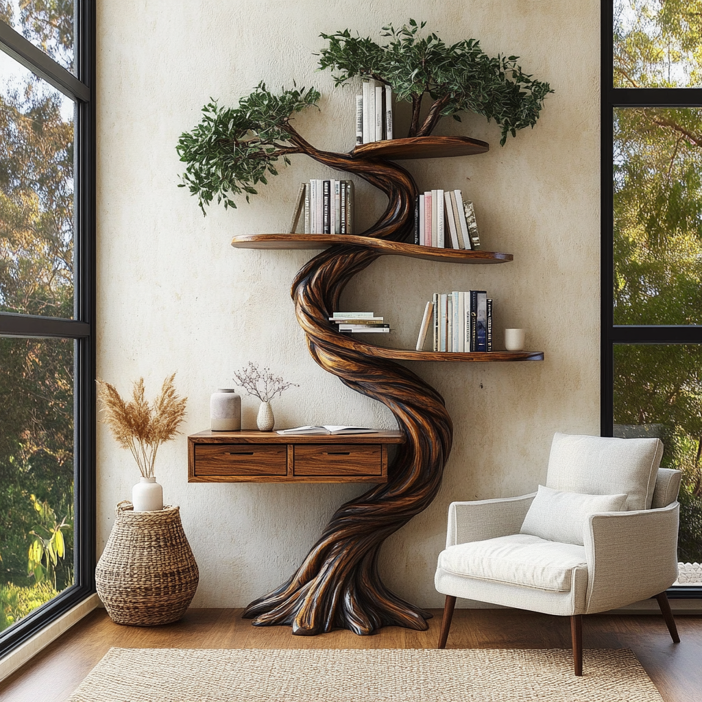 Thalorin Organic Modern Tree Bookshelf with Drawers - Timberustic Tree Bookshelf