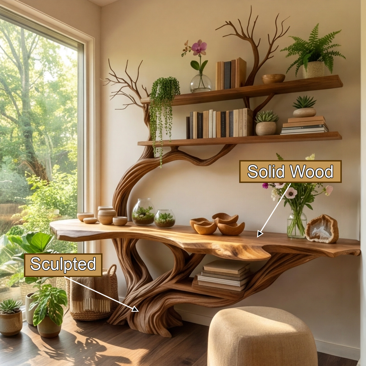 Thalorin Sculpted Solid Wood Console Table with Shelves - Timberustic Console Table with Shelves