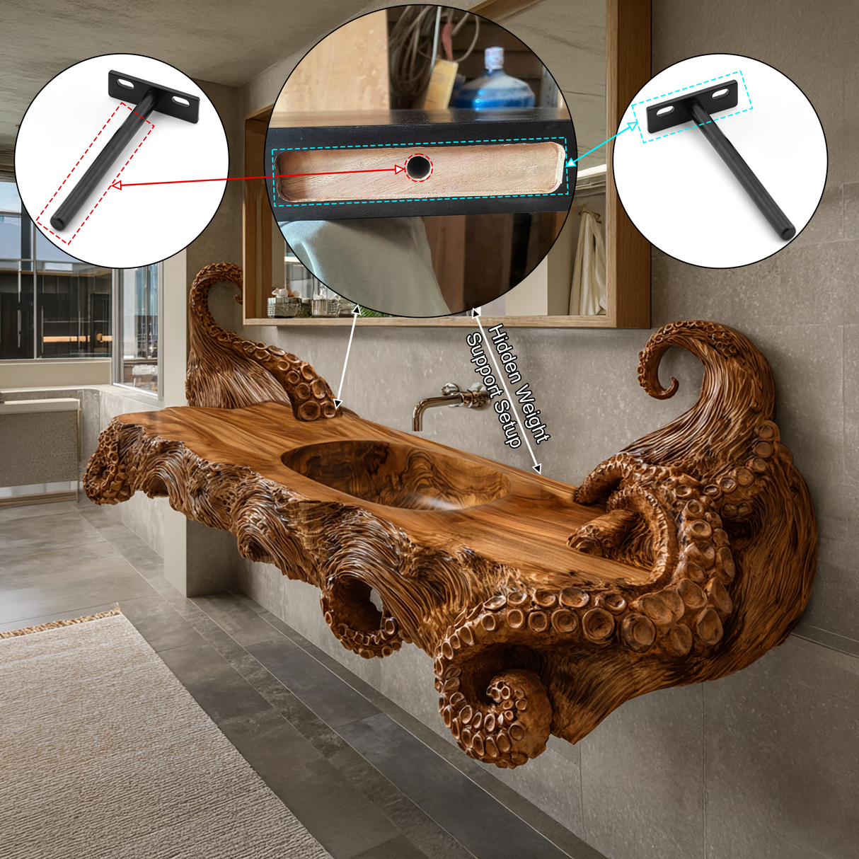 Thalorix Octopus Form Sculpted Solid Wood Floating Bathroom Vanity with Integrated Sink - Timberustic Floating Bathroom Vanity with Integrated Sink