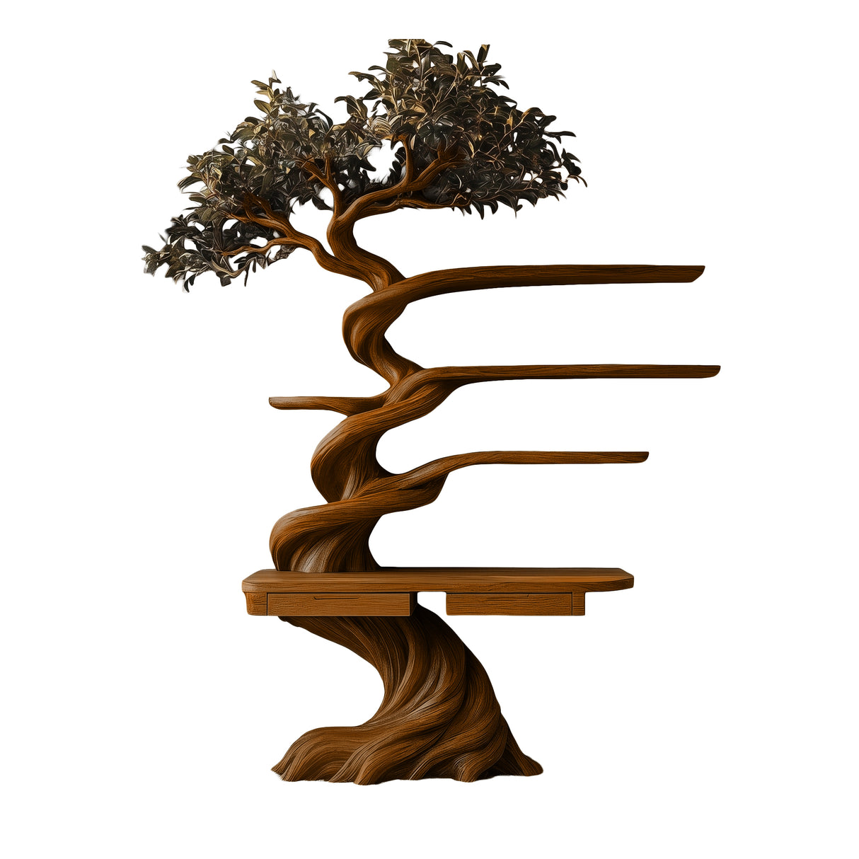 Thaloryn Sculpted Solid Wood Tree Bookshelf with Drawers Brown - Timberustic Tree Bookshelf