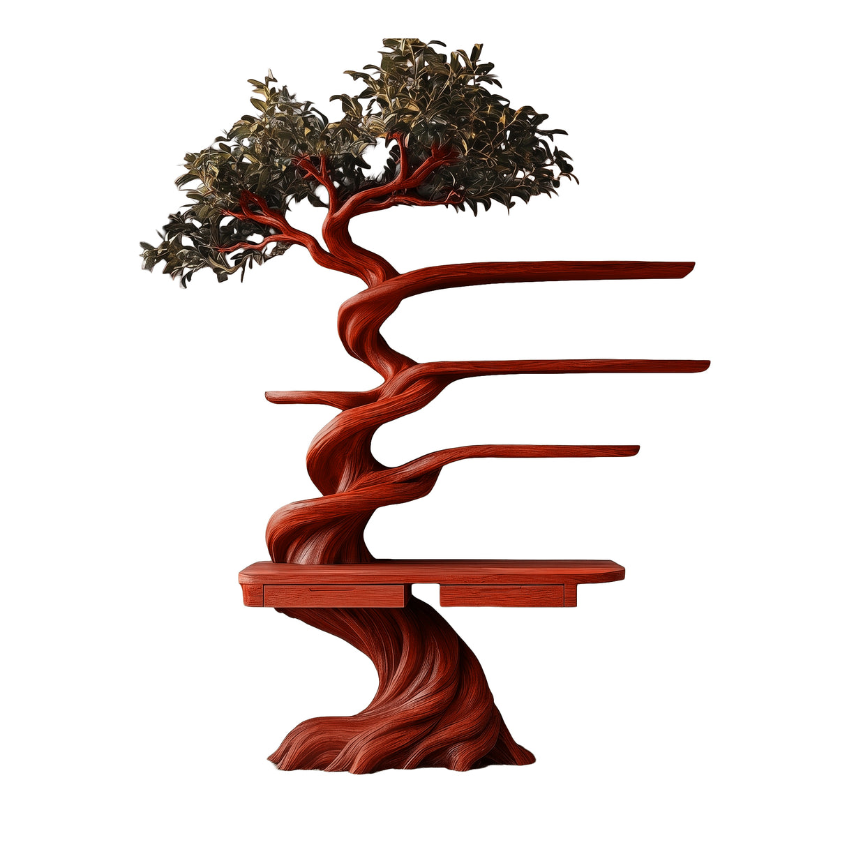 Thaloryn Sculpted Solid Wood Tree Bookshelf with Drawers Mahogany - Timberustic Tree Bookshelf