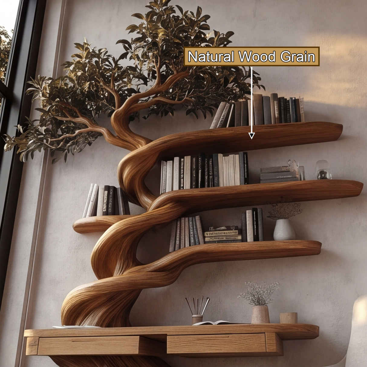 Thaloryn Sculpted Solid Wood Tree Bookshelf with Drawers - Timberustic Tree Bookshelf
