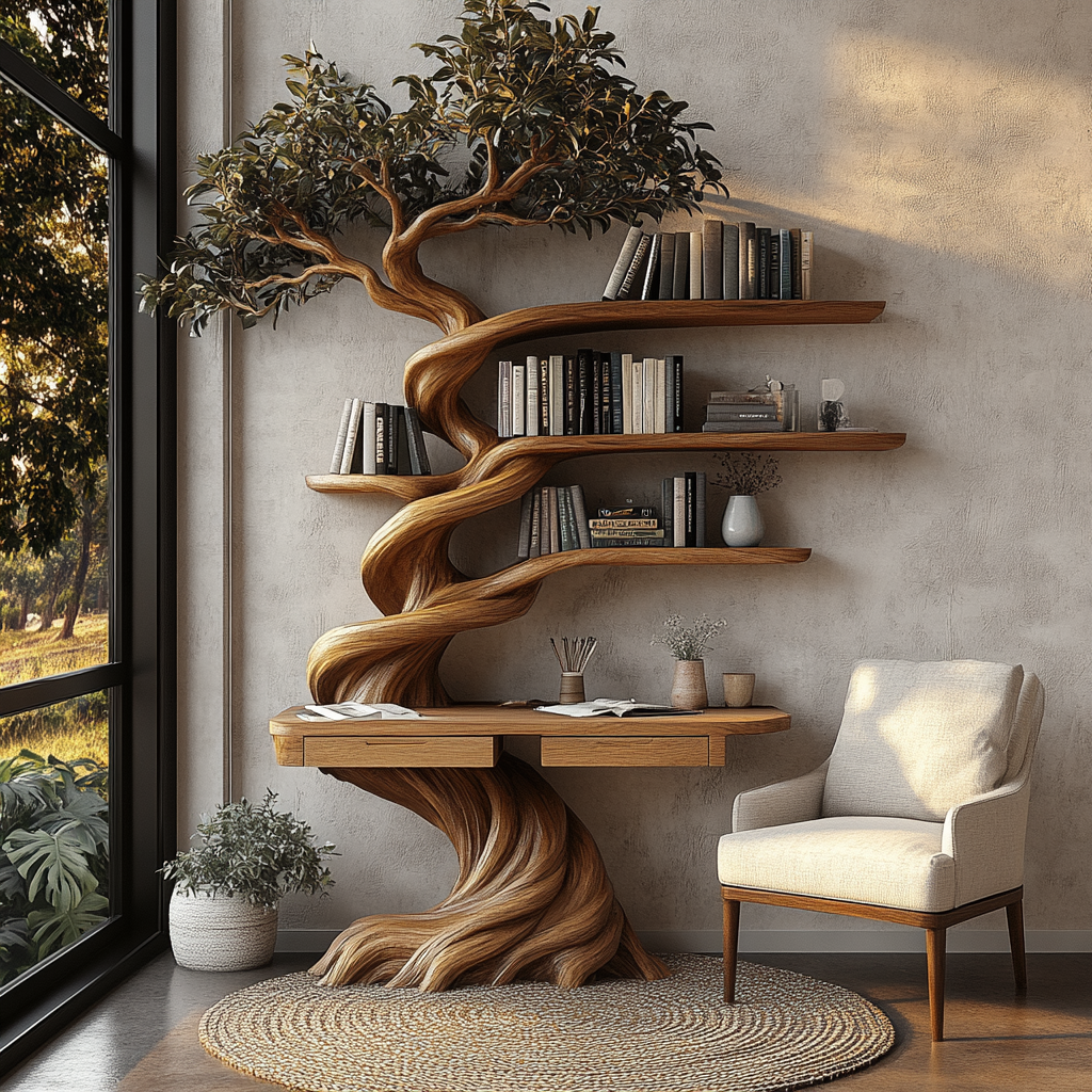 Thaloryn Sculpted Solid Wood Tree Bookshelf with Drawers - Timberustic Tree Bookshelf