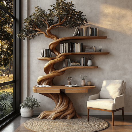 Thaloryn Sculpted Solid Wood Tree Bookshelf with Drawers - Timberustic Tree Bookshelf