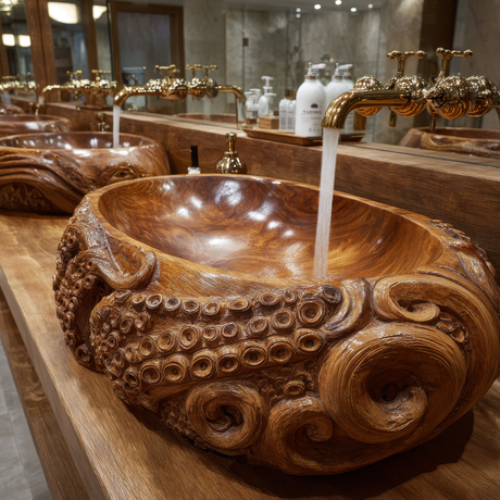 Thalvorn Octopus Form Handcarved Solid Wood Vessel Sink - Timberustic Vessel Sinks