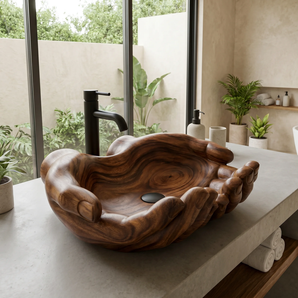 Tharion Handcrafted Solid Wood Hands-Shaped Vessel Sink