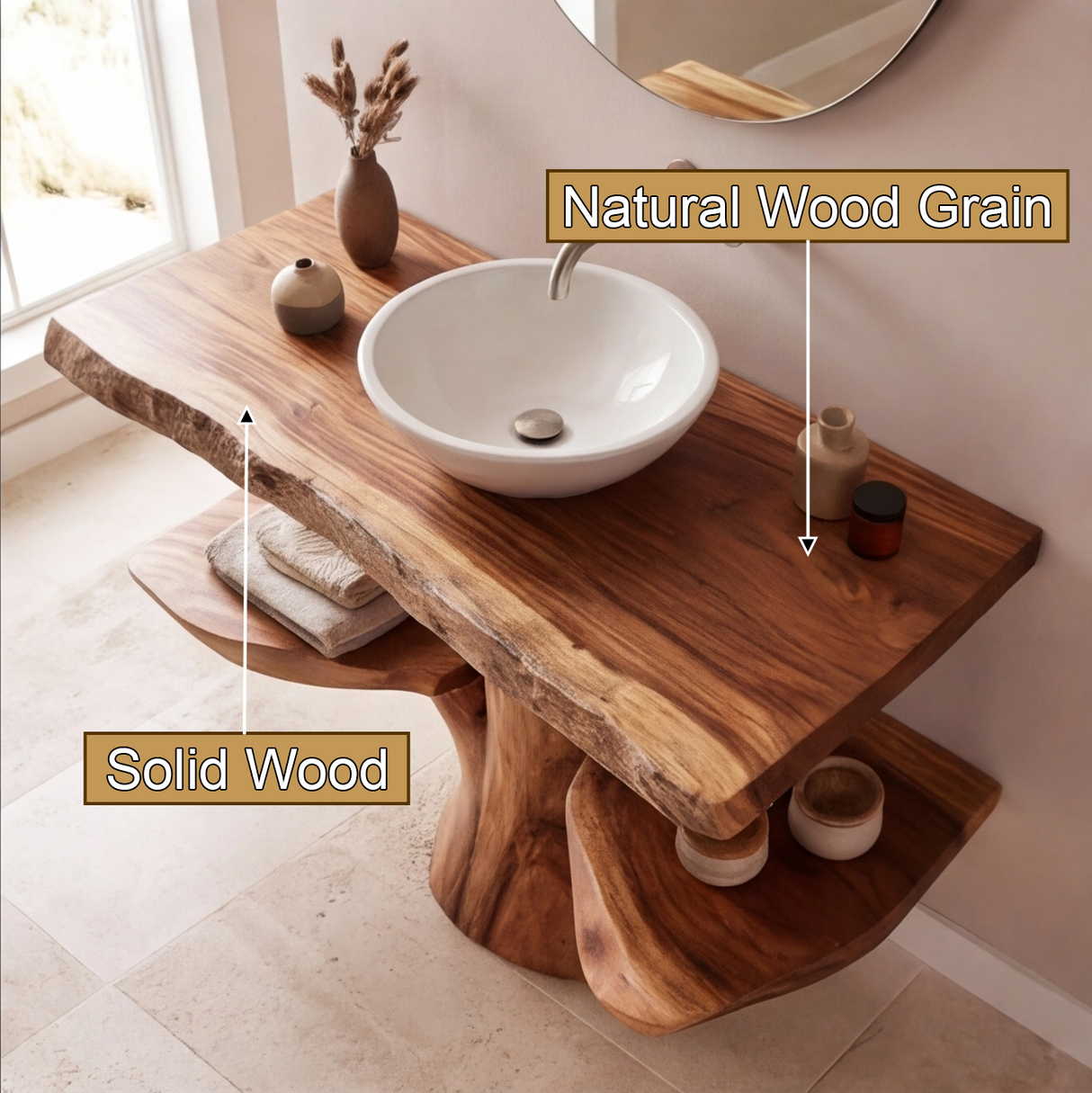 Theryn Rootform Solid Wood Freestanding Bathroom Vanity with Shelves - Timberustic Freestanding Bathroom Vanity with Shelves