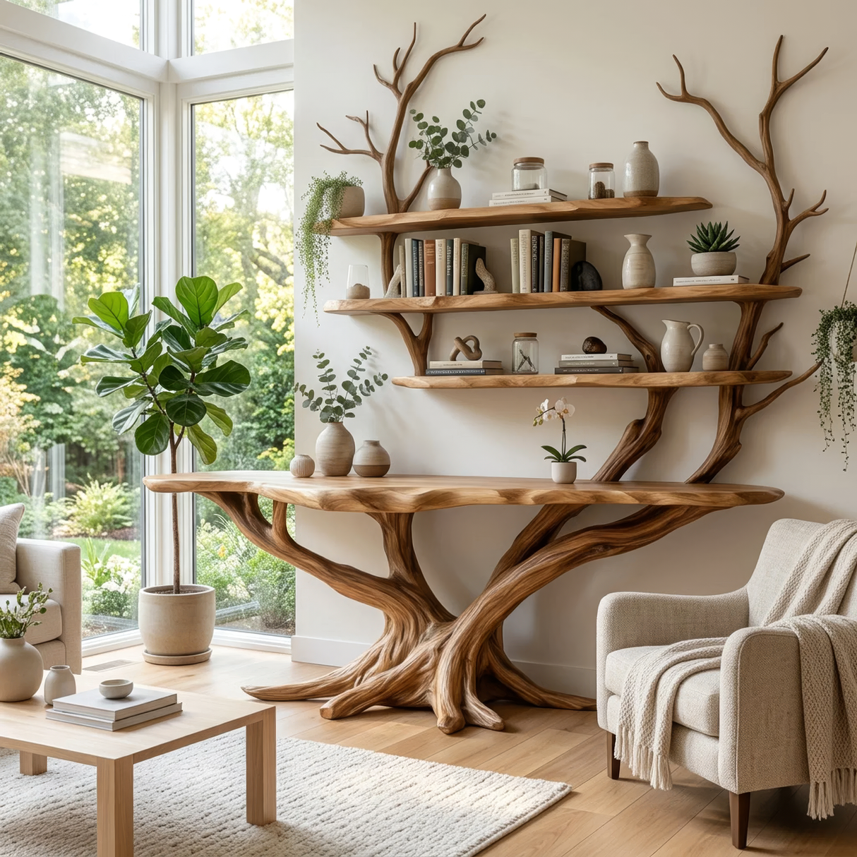 Theryn Sculpted Solid Wood Console Table with Shelves - Timberustic Console Table with Shelves