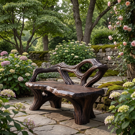 Thornvale Sculpted Solid Wood Outdoor Bench Dark Walnut - Timberustic Bench