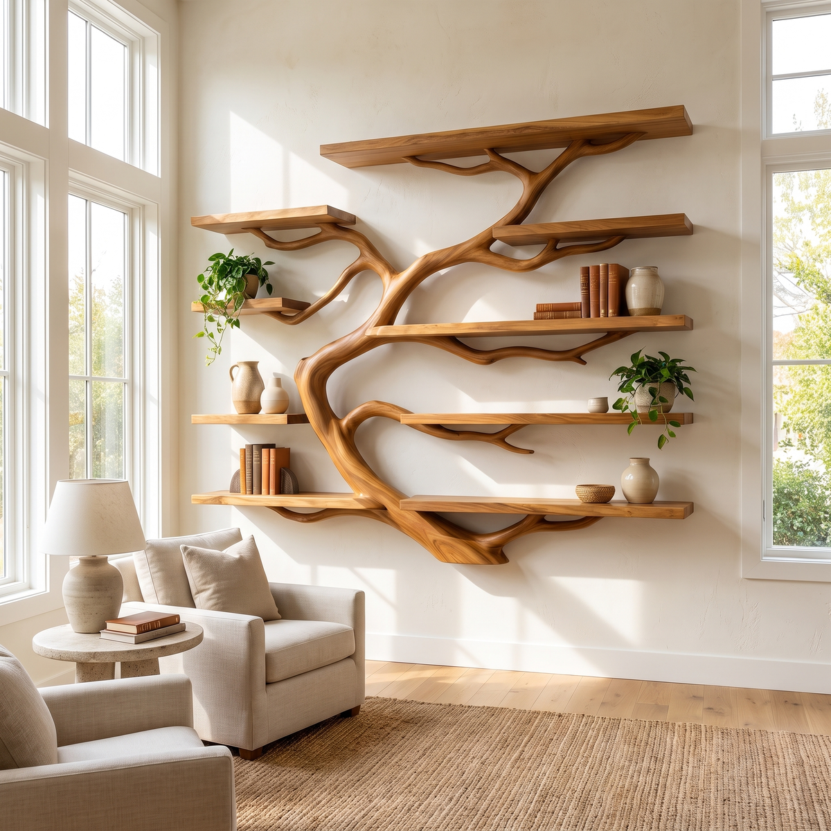 Arboren Handcrafted Solid Wood Floating Tree Bookshelf Teak - Timberustic Floating Tree Bookshelf