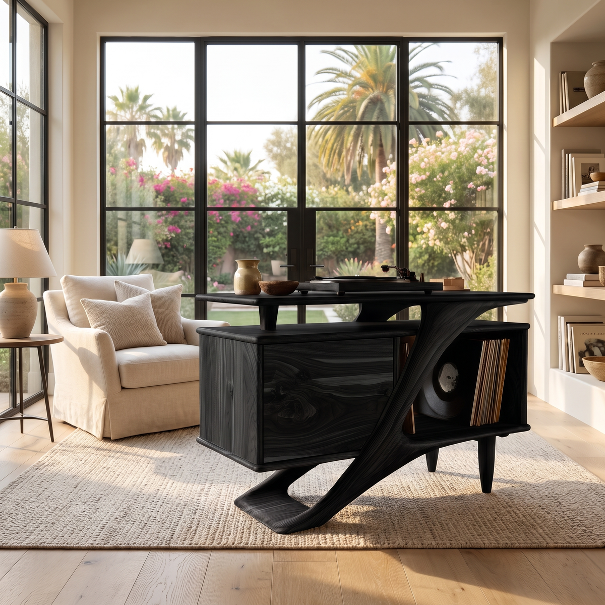 Ardellis Sculpted Solid Wood Record Player Stand Black - Timberustic Record Player Stand With Storage
