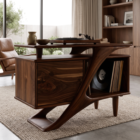 Ardellis Sculpted Solid Wood Record Player Stand Dark Walnut - Timberustic Record Player Stand With Storage