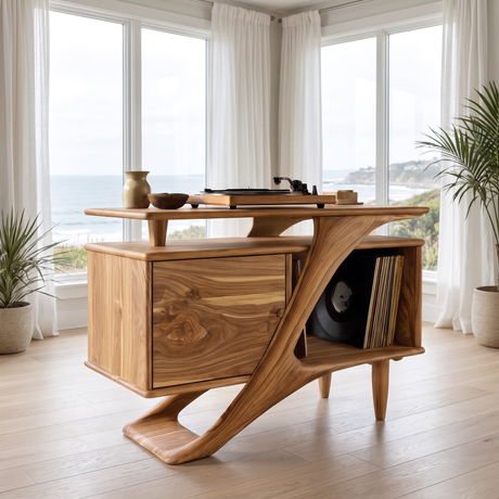 Ardellis Sculpted Solid Wood Record Player Stand Natural Oak - Timberustic Record Player Stand With Storage