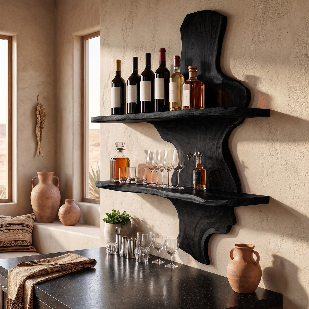 Ardemore Live Edge Solid Wood Floating Wine Shelf SPA245122 Black - Timberustic Floating Wine Shelf