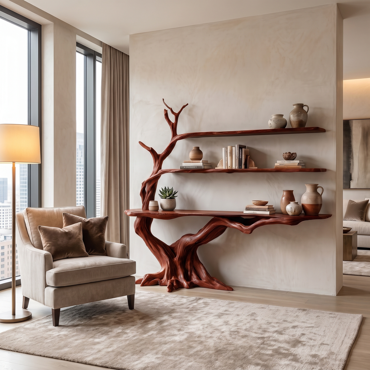 Arvella Sculpted Solid Wood Console Table with Shelves Mahogany - Timberustic Console Table with Shelves