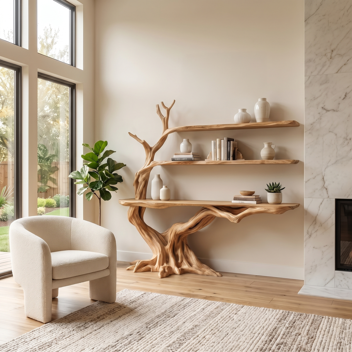 Arvella Sculpted Solid Wood Console Table with Shelves Natural Oak - Timberustic Console Table with Shelves