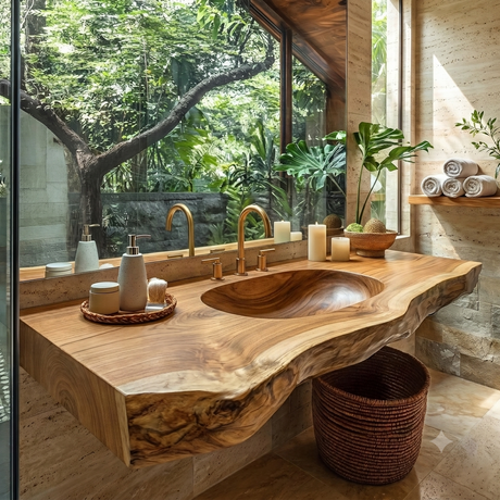 Arvessa Live Edge Solid Wood Floating Bathroom Vanity with Integrated Sink SPA256586 Natural Oak - Timberustic Floating Bathroom Vanity with Integrated Sink