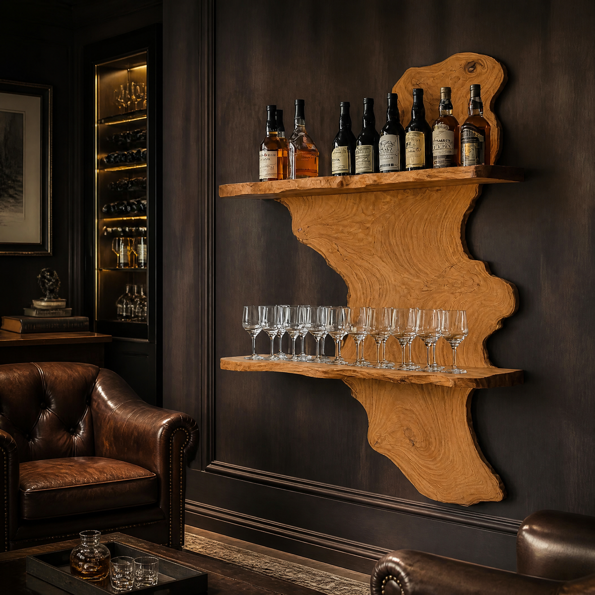 Ashenvale Live Edge Handcrafted Floating Wine Shelf SPA209955 Teak - Timberustic Floating Wine Shelf