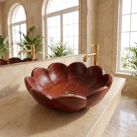 Aurelith Handcrafted Solid Wood Flower Vessel Sink Mahogany - Timberustic Vessel Sinks